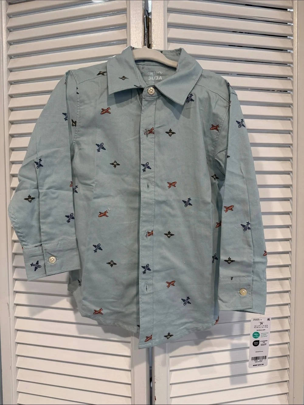 NWT Carter's Boys 3T Light Blue Button-Down Shirt with Airplane Print